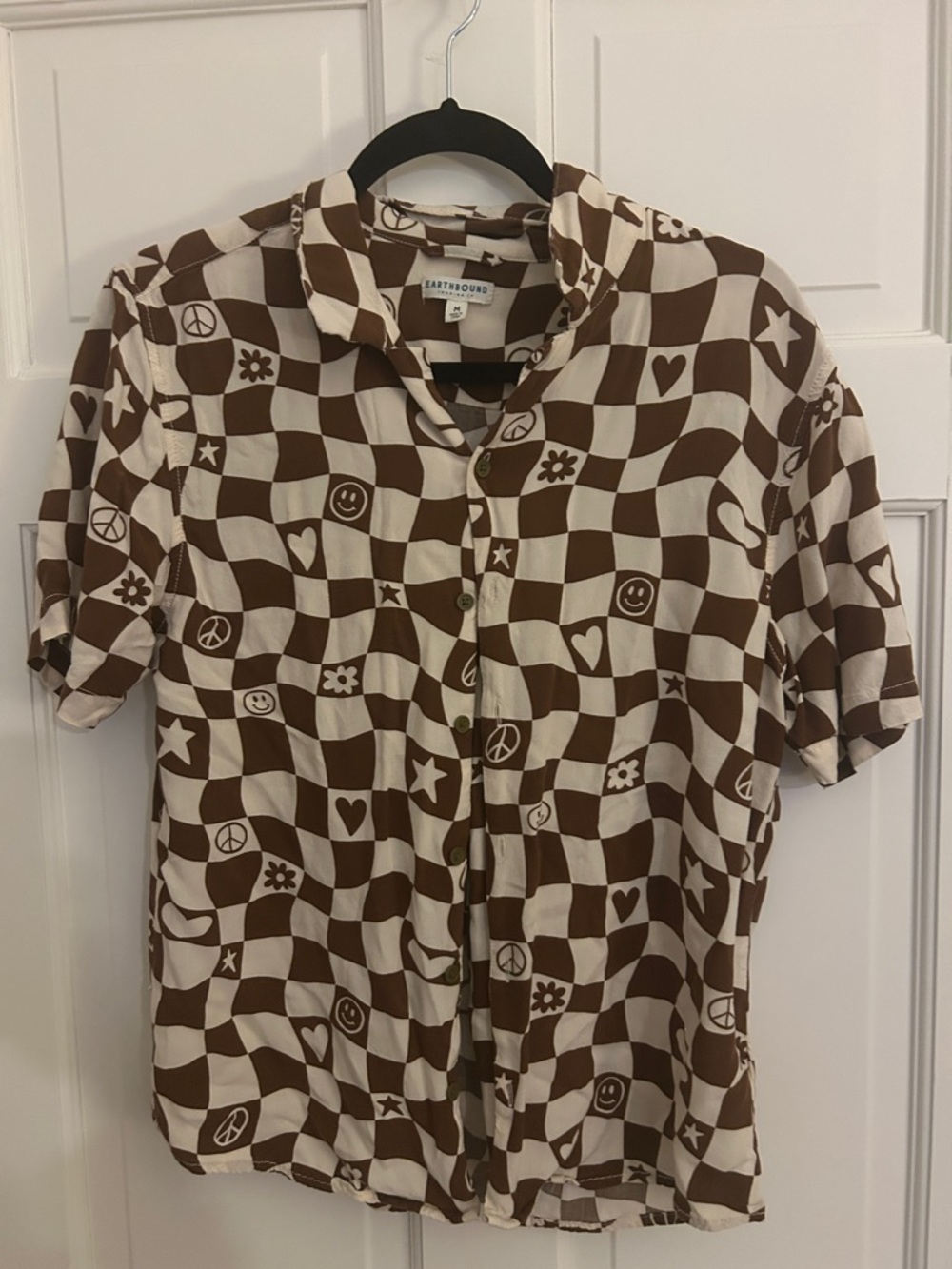 EARTHBOUND Brown & Cream Checkerboard Button-Up Shirt with Icons